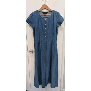 Vintage 90s Button Front Denim Maxi Dress Cottagecore Prairie Western Festival 8
